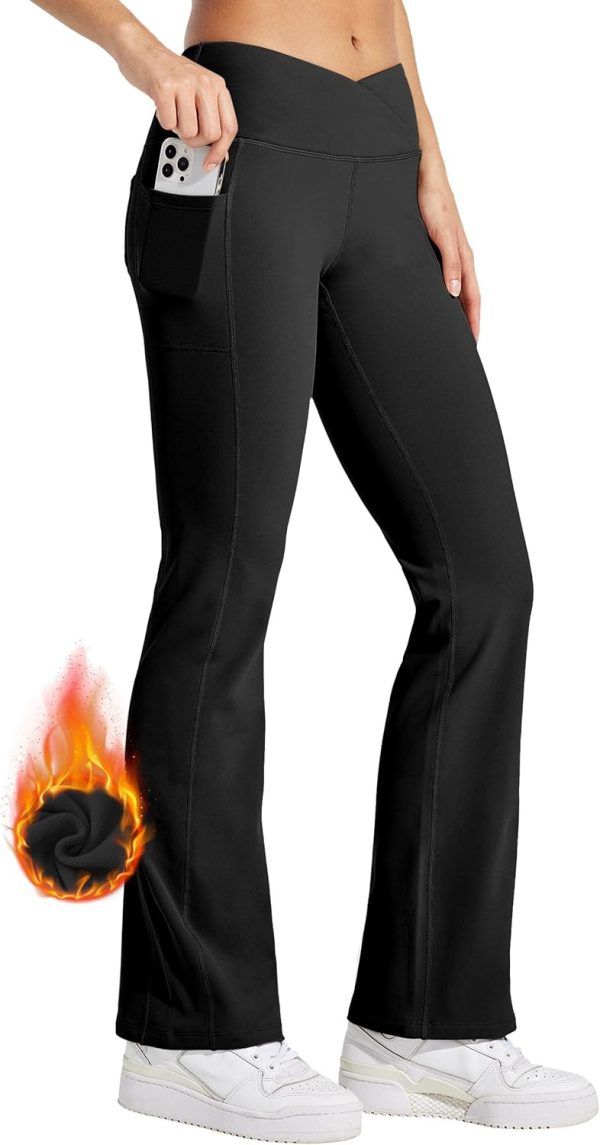 Willit Women's Fleece Lined Pants Yoga Crossover Leggings Bootcut Thermal Winter Pants Flare Leggings Water Resistant