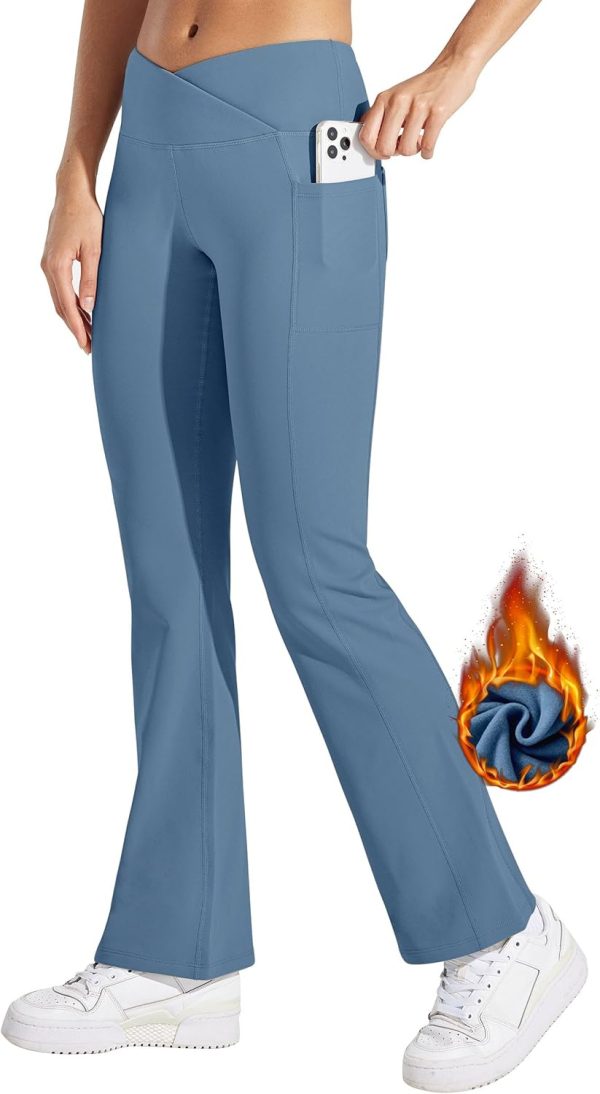 Willit Women's Fleece Lined Pants Yoga Crossover Leggings Bootcut Thermal Winter Pants Flare Leggings Water Resistant - Image 7