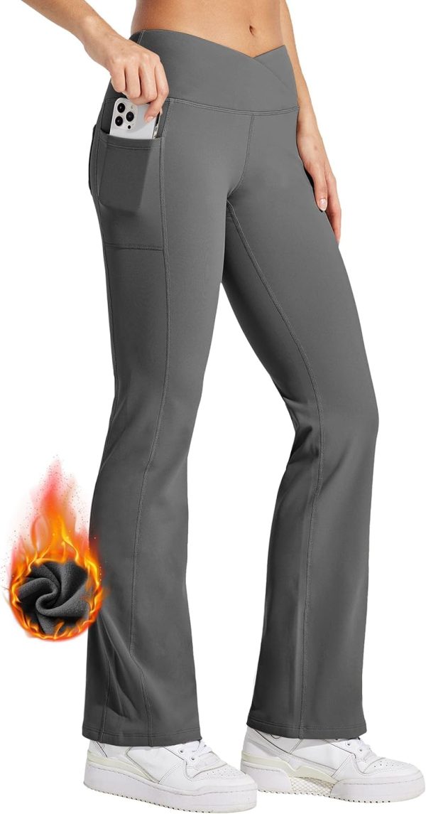 Willit Women's Fleece Lined Pants Yoga Crossover Leggings Bootcut Thermal Winter Pants Flare Leggings Water Resistant - Image 13