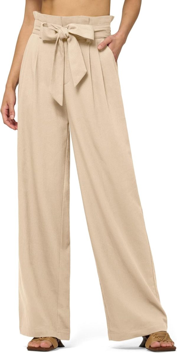 Willit Women Linen Pants Casual Wide Leg Dress Pants High Waisted Paperbag Work Trousers Summer Tie Knot Pockets 28"/30"/32''